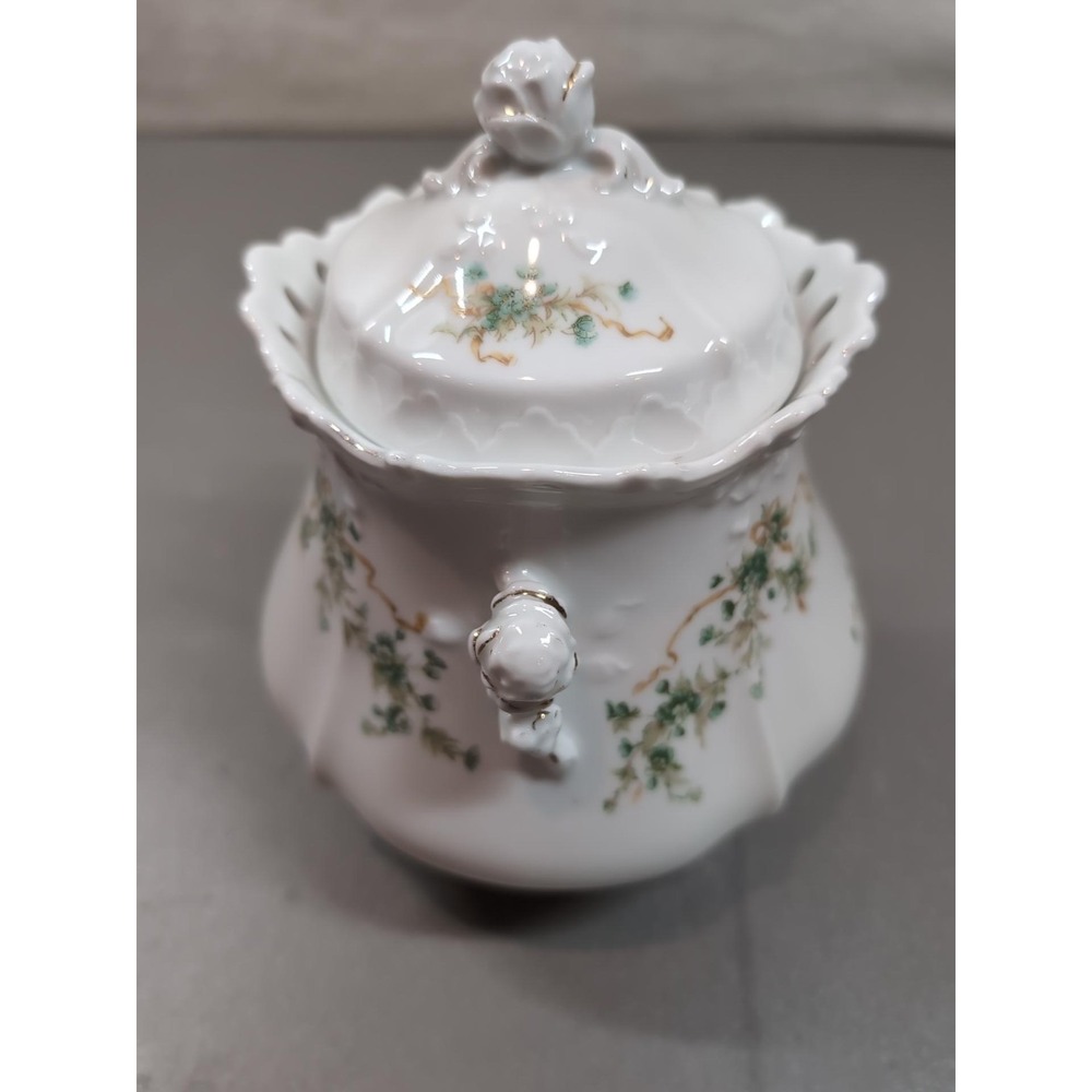 Antique Hermann Ohme Eglantine Porcelain Covered Sugar Bowl Germany Floral Gold - Picture 5 of 13